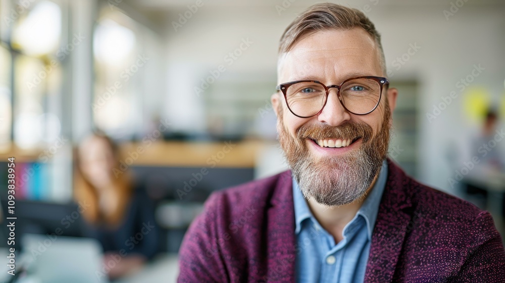 A cheerful professional stands out in a bustling office, embodying creativity and inspiration amidst the daily grind. A cheerful professional stands out in a bustling office, embodying creativity and inspiration amidst the daily grind.