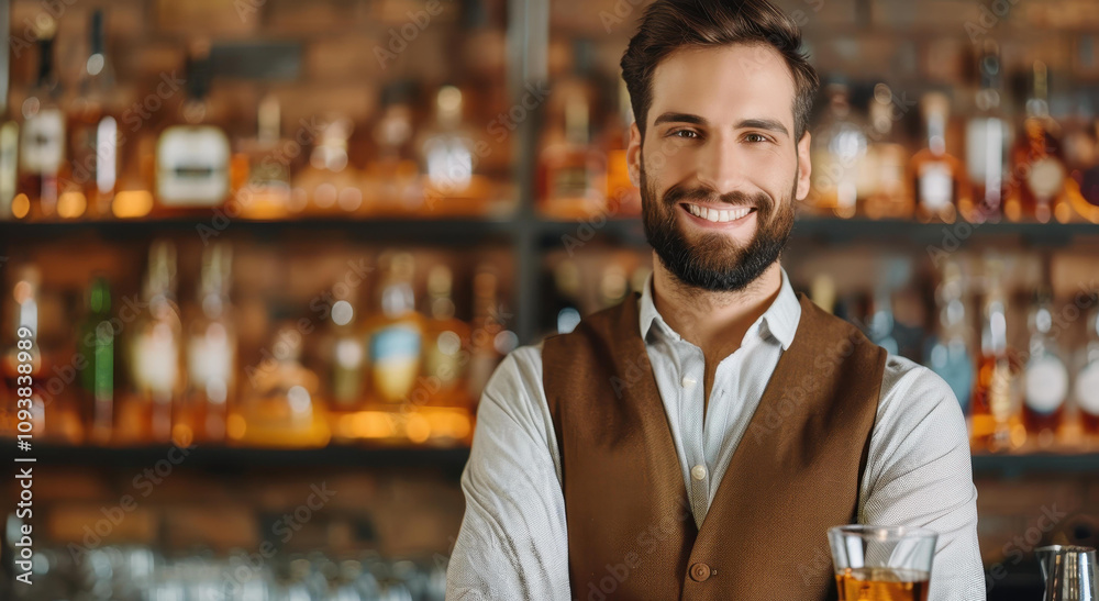 A friendly bartender in a vest crafts a warm atmosphere, serving whiskey and embodying the essence of hospitality. A friendly bartender in a vest crafts a warm atmosphere, serving whiskey and embodying the essence of hospitality.