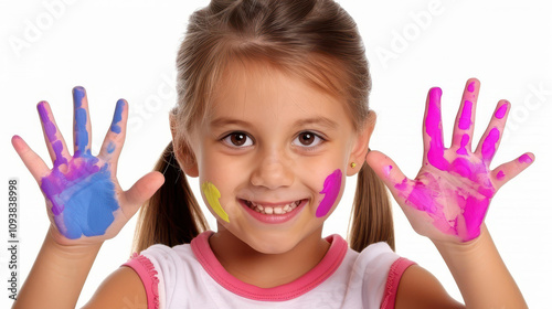 A joyful child enjoys painting with pastel colors, showcasing creativity and carefree fun against a clean white backdrop.