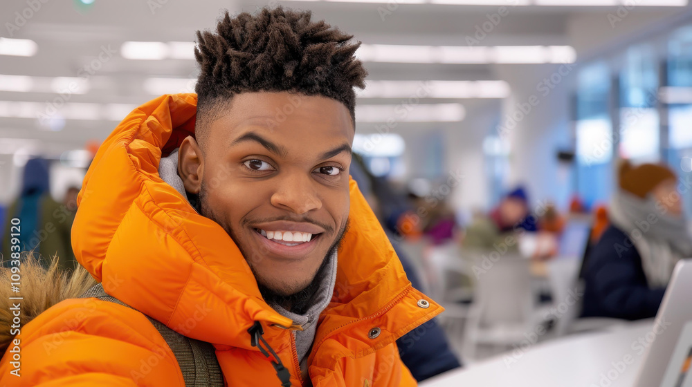 A cheerful man in an orange jacket works on his laptop, embodying the spirit of teamwork in a lively office scene. A cheerful man in an orange jacket works on his laptop, embodying the spirit of teamwork in a lively office scene.