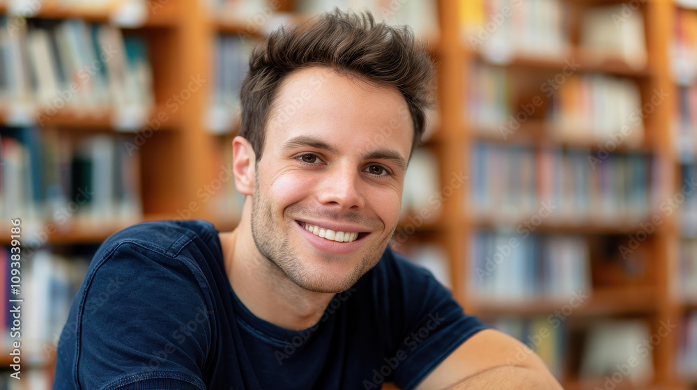 A joyful man with glasses in a library, radiating happiness against a backdrop of blurred bookshelves, symbolizing knowledge. A joyful man with glasses in a library, radiating happiness against a backdrop of blurred bookshelves, symbolizing knowledge.
