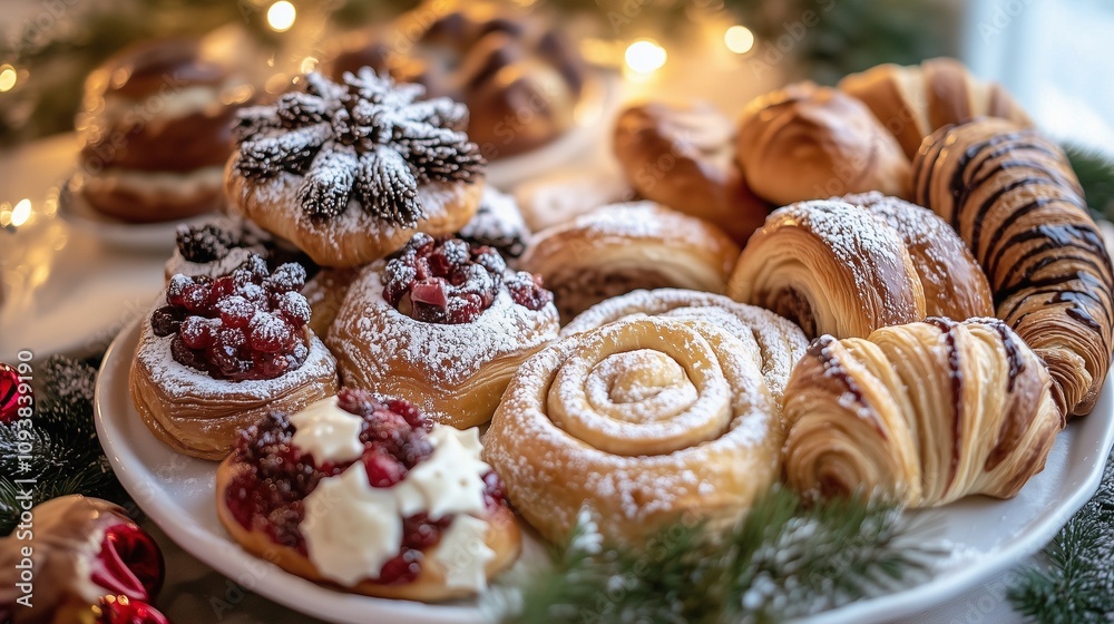 A Selection of Sweet Holiday Pastries Croissants with Dusted Powdered Sugar on a Plate with Cranberry Sauce and Christmas Ornaments Laying Around A Selection of Sweet Holiday Pastries Croissants with Dusted Powdered Sugar on a Plate with Cranberry Sauce and Christmas Ornaments Laying Around