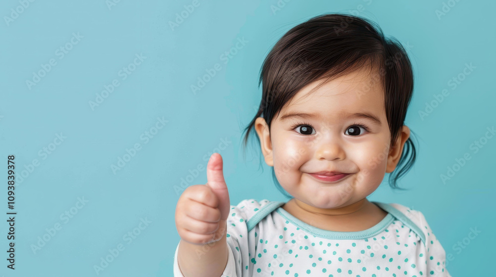 A joyful toddler gleefully gives a thumbsup against a vibrant blue backdrop, perfect for banners and cheerful vibes A joyful toddler gleefully gives a thumbsup against a vibrant blue backdrop, perfect for banners and cheerful vibes