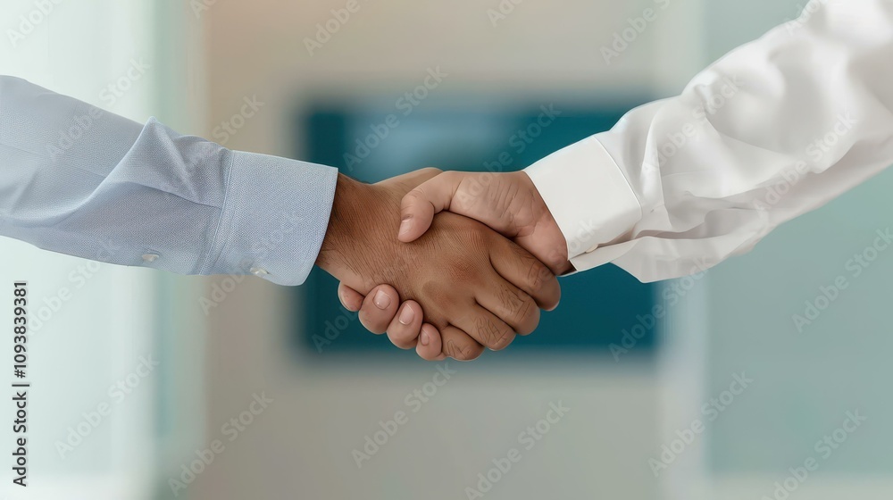 A successful partnership forms as an Arabic businessman shakes hands with his partner, sealing their new venture. A successful partnership forms as an Arabic businessman shakes hands with his partner, sealing their new venture.