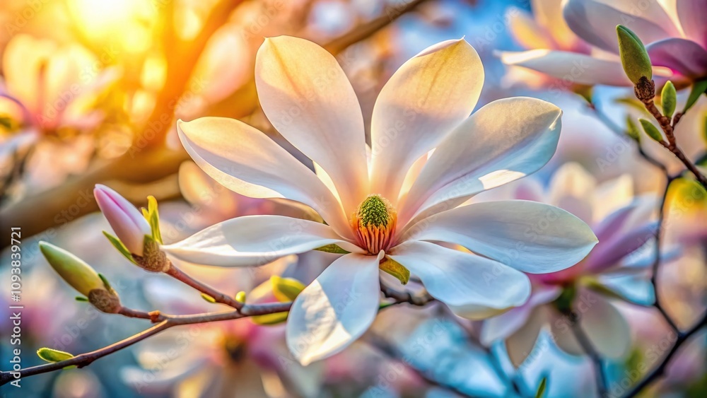 Close-Up of a Star Magnolia Flower in Bloom, Showcasing Its Delicate Petals and Natural Beauty Against a Soft Focus Background of Spring Colors Close-Up of a Star Magnolia Flower in Bloom, Showcasing Its Delicate Petals and Natural Beauty Against a Soft Focus Background of Spring Colors