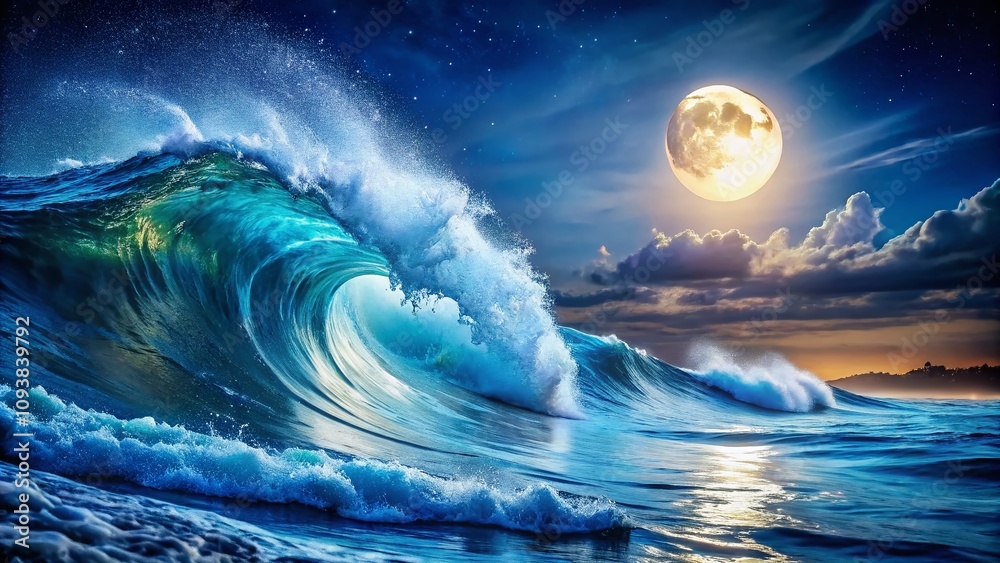 Fototapeta premium Close-Up of a Stunning Night Photography Ocean Wave Capturing the Magic of Moonlit Reflections and Serene Waters, Perfect for Nature and Coastal Enthusiasts