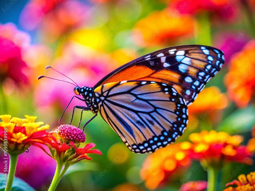 Fototapeta premium Close-up of a Vibrant Butterfly Resting on a Colorful Flower with a Soft Focus Background, Ideal for Nature and Wildlife Themes, Featuring Text Space for Custom Messages or Branding