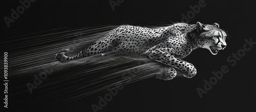 Elegant black-and-white illustration of a cheetah running at full speed, motion lines capturing the speed photo