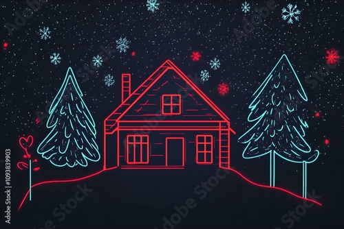 A vivid neon outline of a charming cabin nestled among winter trees and snowflakes against a black backdrop - ar 3:2 - s 50 photo