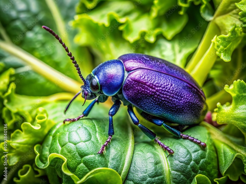 Close-Up of a Vibrant Violet Beetle on Fresh Green Vegetables, Capturing Nature's Beauty and Intricacies in Food Photography for Culinary Inspiration Close-Up of a Vibrant Violet Beetle on Fresh Green Vegetables, Capturing Nature's Beauty and Intricacies in Food Photography for Culinary Inspiration