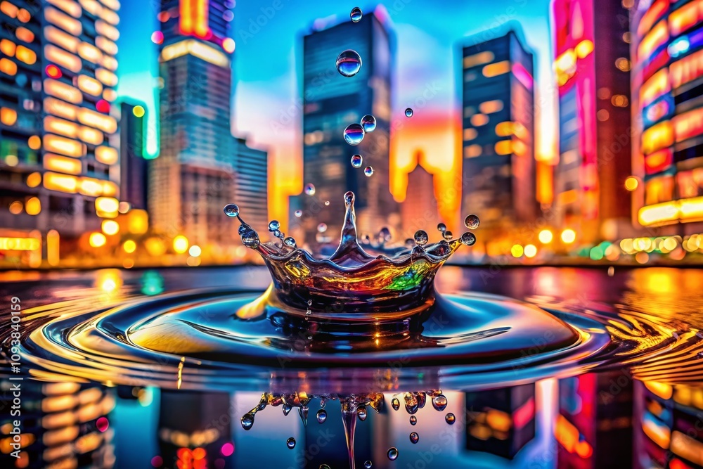 Obraz premium Close-up of a Water Drop Splash on a Colorful Urban Background, Capturing the Beauty of Urban Exploration Photography in a Unique Perspective