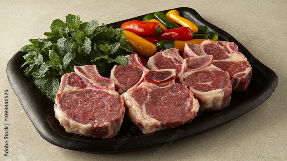 Freshly Cut Lamb Chops with Colorful Bell Peppers and Fresh Mint Leaves on Black Serving Plate for Gourmet Cooking and Culinary Presentations Freshly Cut Lamb Chops with Colorful Bell Peppers and Fresh Mint Leaves on Black Serving Plate for Gourmet Cooking and Culinary Presentations