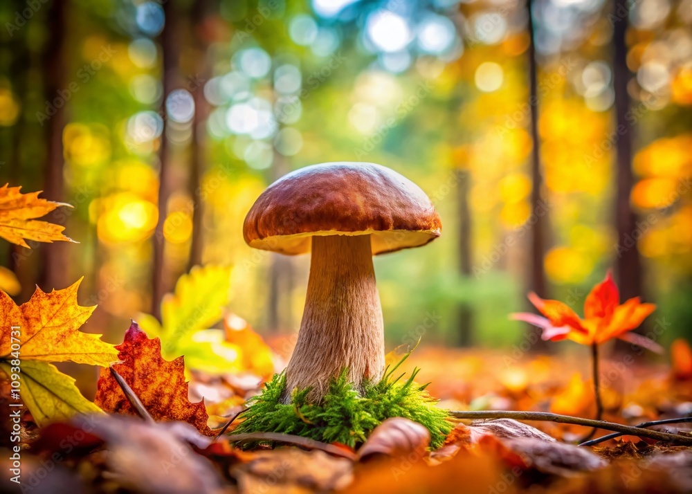 Close-Up of Boletus Edulis Mushroom in Autumn Forest with Bokeh Effect, Showcasing Vibrant Colors and Natural Beauty of Fungi in a Serene Woodland Environment Close-Up of Boletus Edulis Mushroom in Autumn Forest with Bokeh Effect, Showcasing Vibrant Colors and Natural Beauty of Fungi in a Serene Woodland Environment