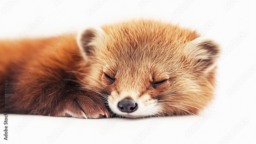 Obraz premium Cute mammal with fluffy coat peacefully sleeping on white surface, showcasing its adorable features and soft fur