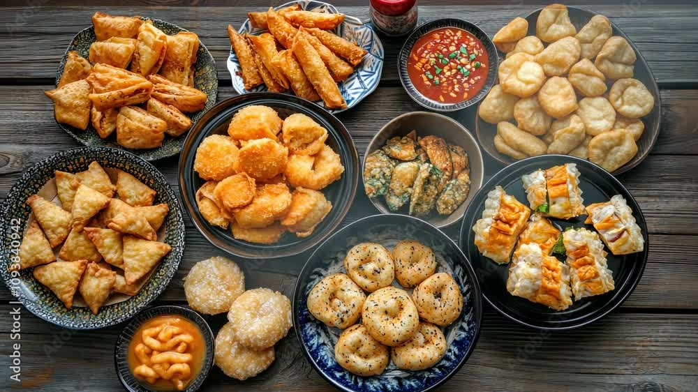 Assorted hanukkah appetizers on rustic wooden table celebrating festival of lights Assorted hanukkah appetizers on rustic wooden table celebrating festival of lights