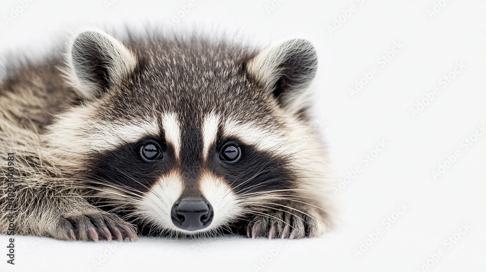 Obraz premium Adorable mammal with gentle gaze resting peacefully on snowy surface. This raccoon showcases its unique features and captivating eyes, evoking sense of tranquility