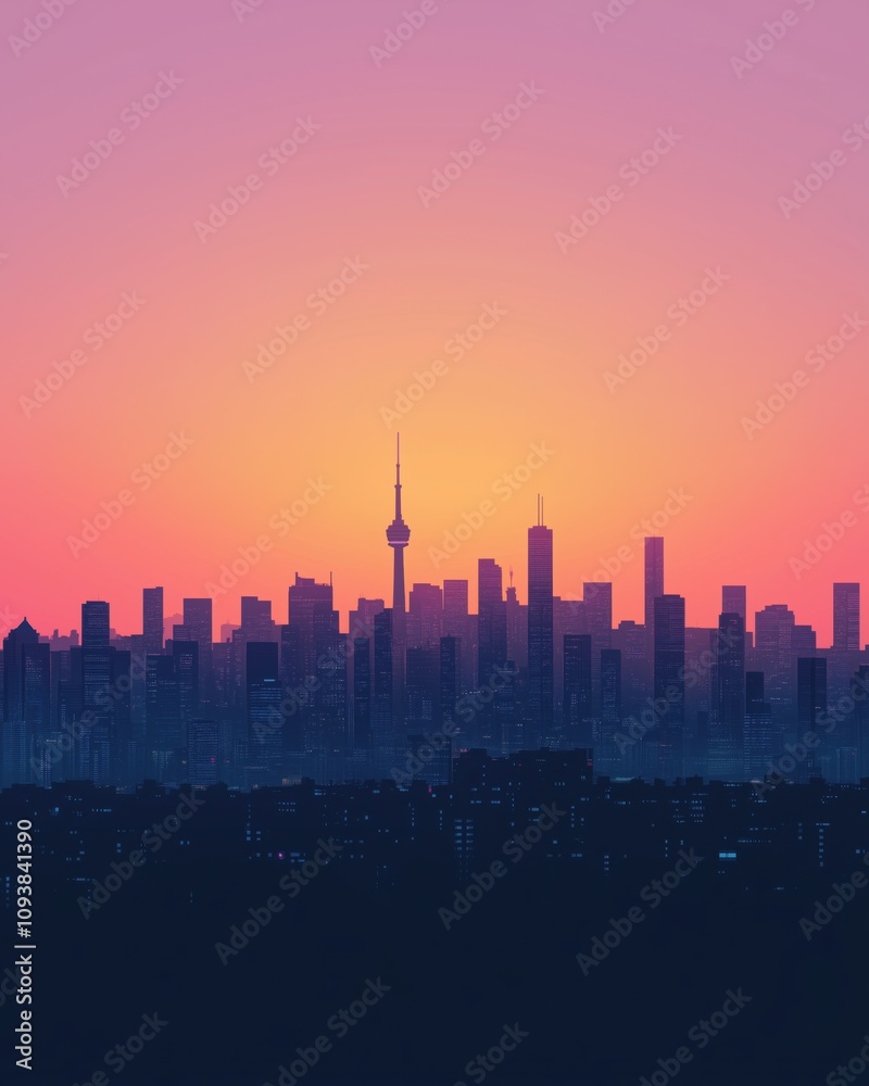 Fototapeta premium A minimalistic cityscape silhouette in pastel tones, Dreamy city skyline at sunset, urban skyline with pastel colors, stunning skyline silhouette at golden hour ,Minimalist cityscape art