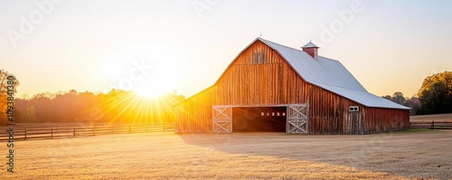 Rustic barn under strong midday sunlight, wood textures and metal details boldly visible, barn sunlight, rural vitality photo