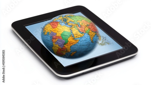 Globe on Tablet with Global Map and Technology Theme