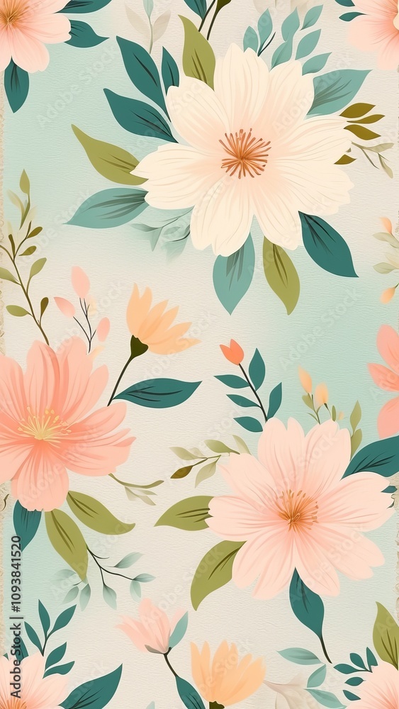 Seamless floral pattern with vibrant blossoms and greenery on pastel background