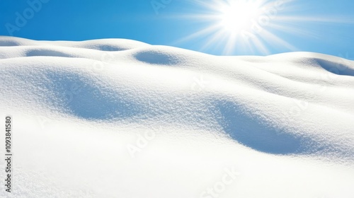 Snow-covered landscape under strong sunlight, blindingly bright highlights contrasting with deep shadows, snow sunlight, winter brilliance photo