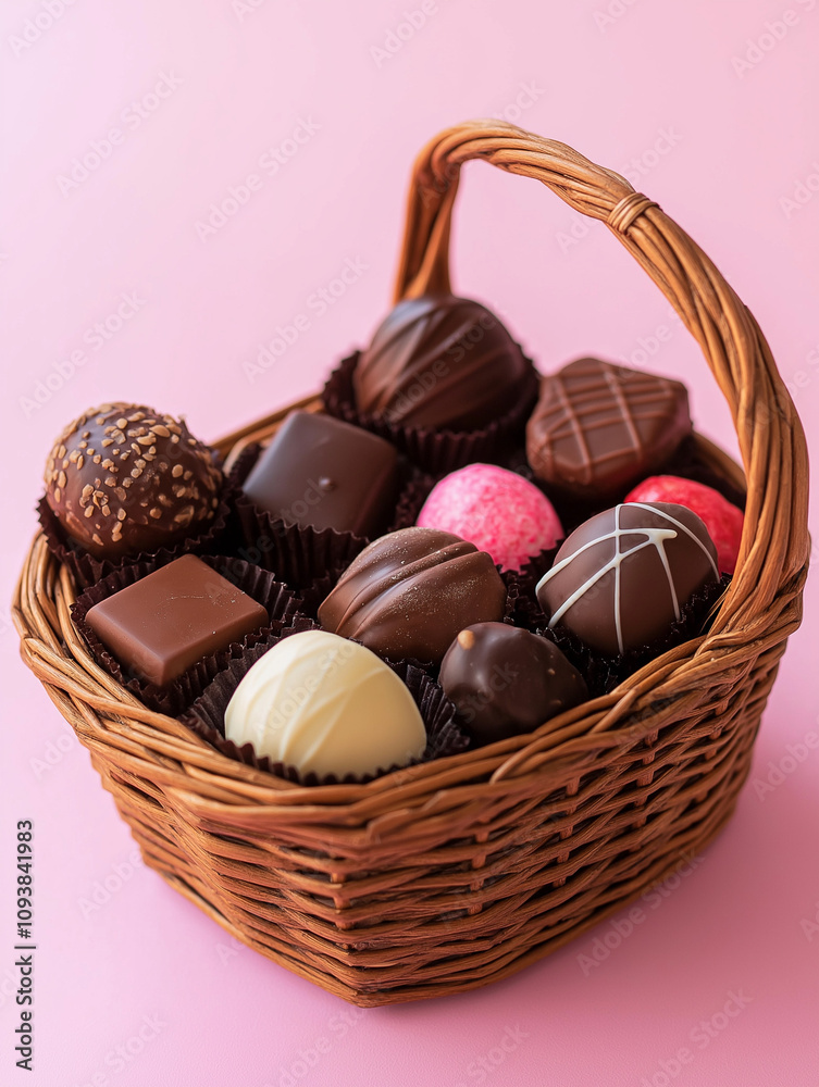 A Basket Featuring Gourmet Chocolates on a Pink Background Again A Basket Featuring Gourmet Chocolates on a Pink Background Again
