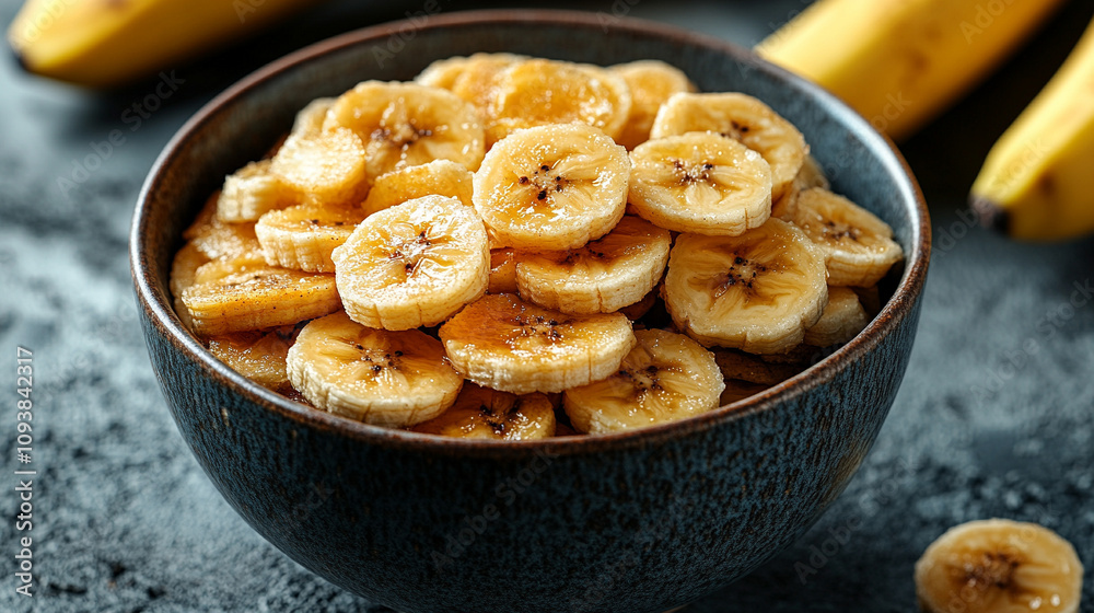 golden-brown banana chips cascading gracefully into a white bowl capturing a sense of natural sweetness and healthy snacking choices with an emphasis on freshness and simple pleasures golden-brown banana chips cascading gracefully into a white bowl capturing a sense of natural sweetness and healthy snacking choices with an emphasis on freshness and simple pleasures