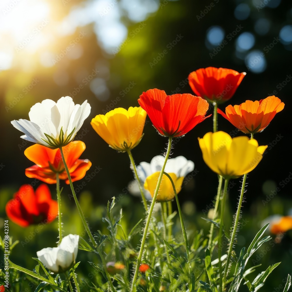 Wildflowers blooming under balanced sunlight, their colors vivid but not overpowering, wildflower sunlight, delicate spring