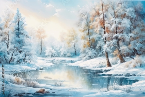 gentle watercolor winter landscape with trees and river, illustration., watercolor style, 