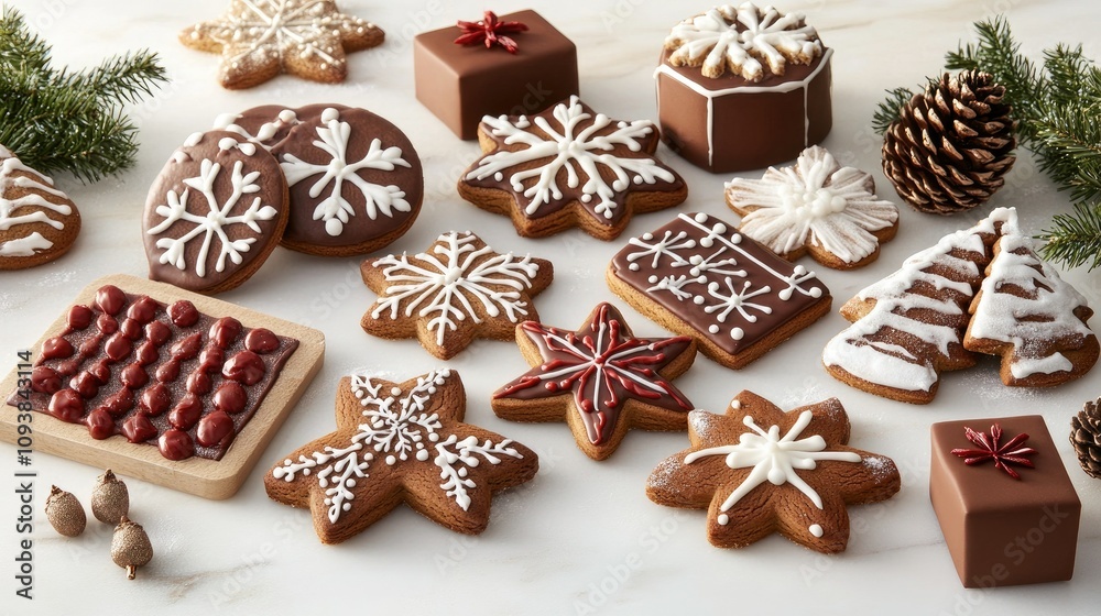 Festive Gingerbread Cookies with Icing and Chocolate Decorations Arranged on Marble Surface Surrounded by Holiday Greenery and Pinecones Festive Gingerbread Cookies with Icing and Chocolate Decorations Arranged on Marble Surface Surrounded by Holiday Greenery and Pinecones