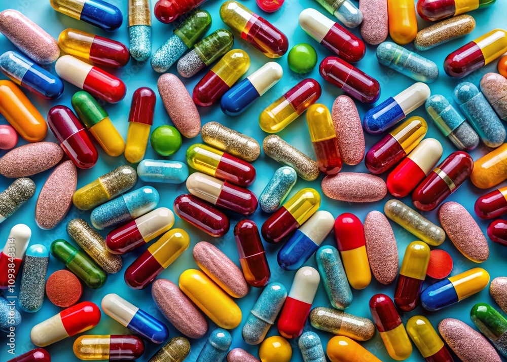 Closeup of Vibrant Medicine Capsules and Tablets on a Plain Blue Background, Ideal for Health and Wellness Themes in Stock Photography Closeup of Vibrant Medicine Capsules and Tablets on a Plain Blue Background, Ideal for Health and Wellness Themes in Stock Photography