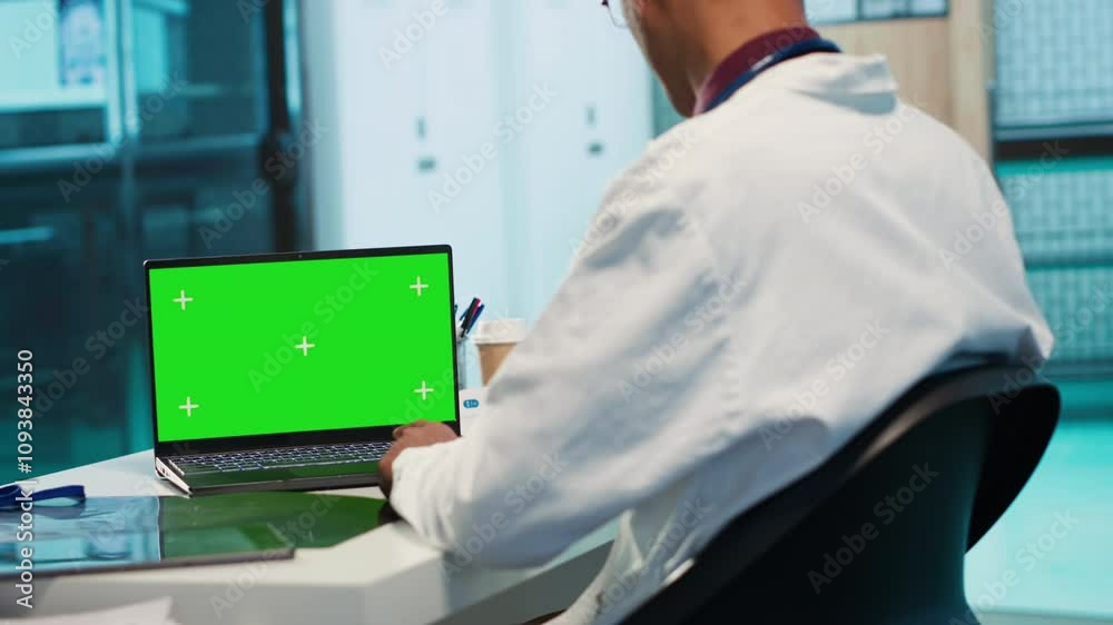 Indian physician works in his facility office next to chroma key, using modern technology for scan interpretation and results. Specialist offers professional advice based on records. Camera A. Indian physician works in his facility office next to chroma key, using modern technology for scan interpretation and results. Specialist offers professional advice based on records. Camera A.