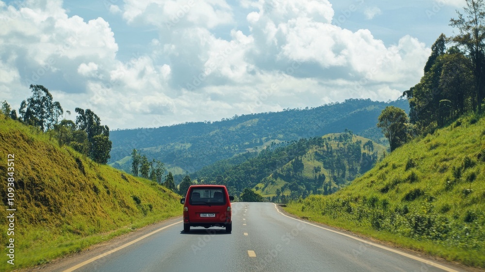 Red van drives on a paved road through a lush green valley with mountain views. Red van drives on a paved road through a lush green valley with mountain views.