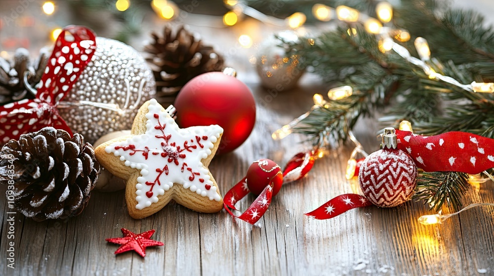 Festive Holiday Arrangement with a Star-Shaped Cookie, Red Decorations, Pine Cones, and Twinkling Lights Against a Wooden Background Festive Holiday Arrangement with a Star-Shaped Cookie, Red Decorations, Pine Cones, and Twinkling Lights Against a Wooden Background