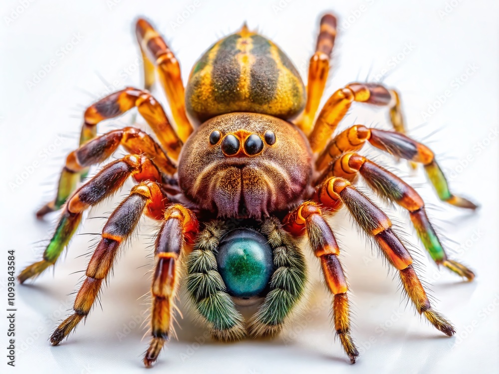 Fototapeta premium Closeup of Woodlouse Hunting Spider Harpactea Spec on White Background - Detailed Macro Shot of a Common European House Spider in Natural Habitat