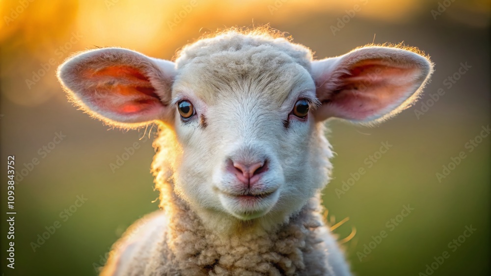 Fototapeta premium Close Up Portrait of a Cute Portland Sheep Lamb with Horns, Captured in Natural Light, Showcasing Its Soft Wool and Playful Expression, Perfect for Animal Lovers and Farm Life Themes