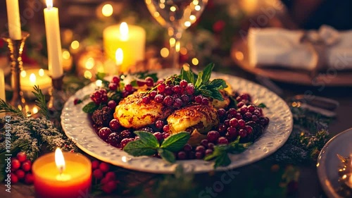 Festive hanukkah dinner table with latkes and candles, holiday celebration atmosphere photo