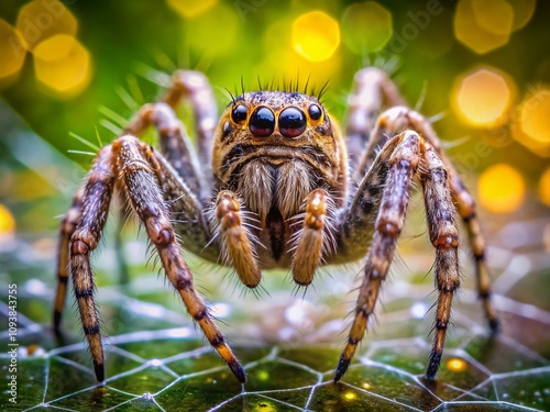 Close-Up Portrait of a Cyrtophora citricola Spider in Its Natural Habitat, Showcasing Intricate Web Patterns and Unique Features Against a Soft Focus Background photo