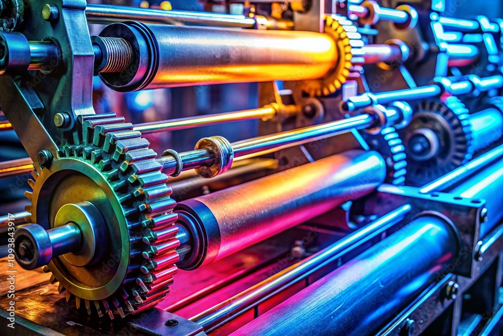 Close-Up Portrait of an Industrial Printing Machine Showcasing Intricate Details and Mechanisms for High-Quality Print Production in a Modern Printing Facility Environment