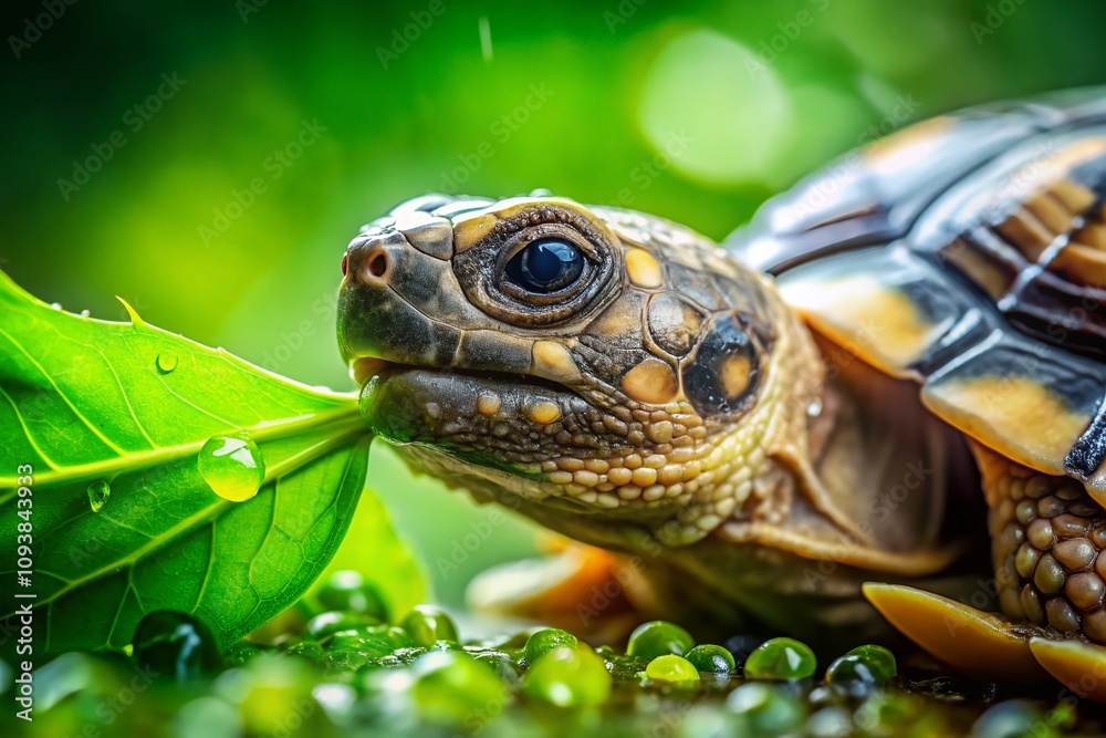 Close-up Portrait of a Turtle Enjoying a Leaf with Water Droplets, Capturing Nature's Beauty and Serenity in a Lush Green Environment Close-up Portrait of a Turtle Enjoying a Leaf with Water Droplets, Capturing Nature's Beauty and Serenity in a Lush Green Environment