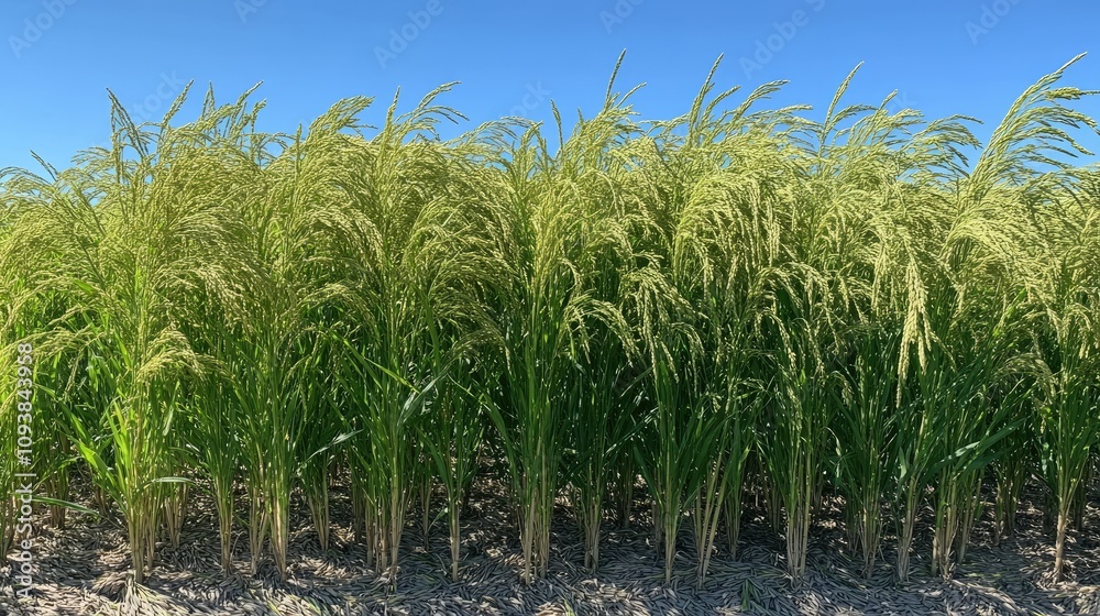 Lush Green Rice Field Under Clear Blue Sky Showcasing Abundant Crop Growth and Vibrant Agricultural Landscape for Sustainable Farming Practices Lush Green Rice Field Under Clear Blue Sky Showcasing Abundant Crop Growth and Vibrant Agricultural Landscape for Sustainable Farming Practices