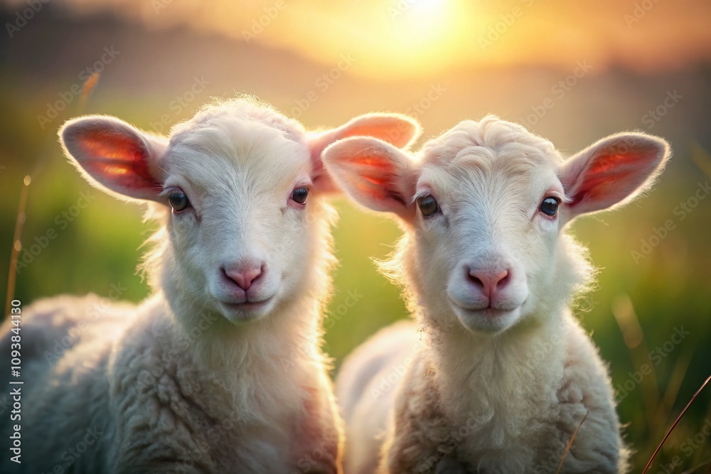 Close-Up Portrait of Two Young White Lambs with Soft Focus and Long Exposure Creating a Dreamy, Ethereal Atmosphere in a Pastoral Setting Close-Up Portrait of Two Young White Lambs with Soft Focus and Long Exposure Creating a Dreamy, Ethereal Atmosphere in a Pastoral Setting
