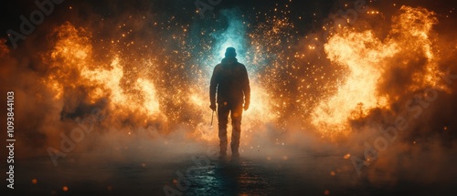 Silhouette of welder creating sparks surrounded by a dramatic burst of fire and light at night