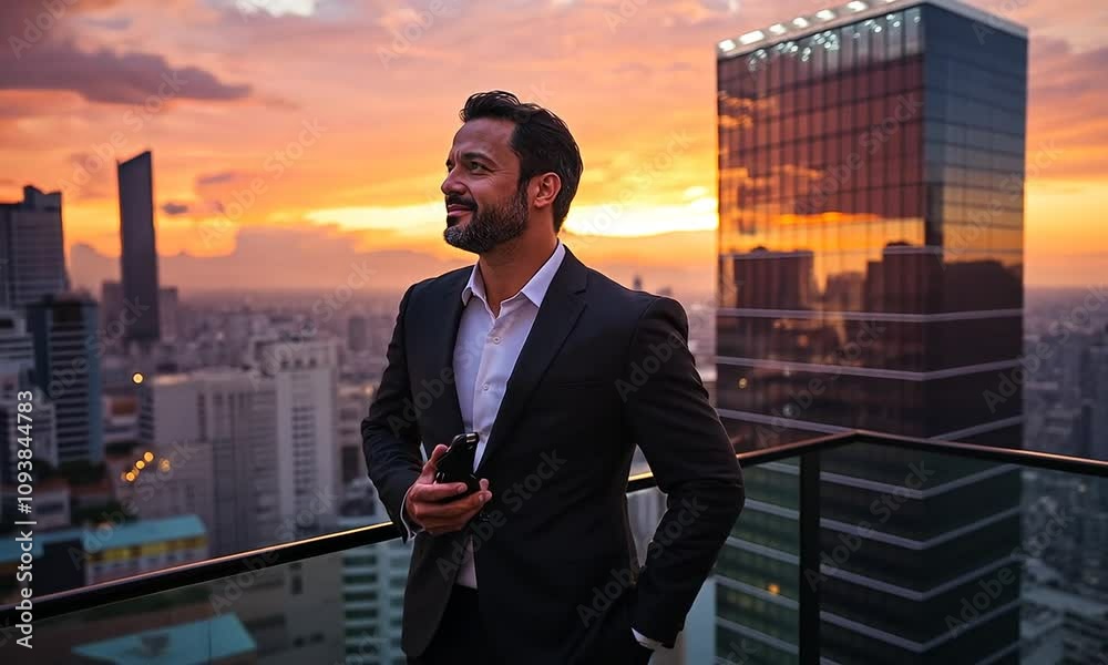 handsome businessman in formal wear standing near skyscrapers and looking at sunset in bangkok city handsome businessman in formal wear standing near skyscrapers and looking at sunset in bangkok city