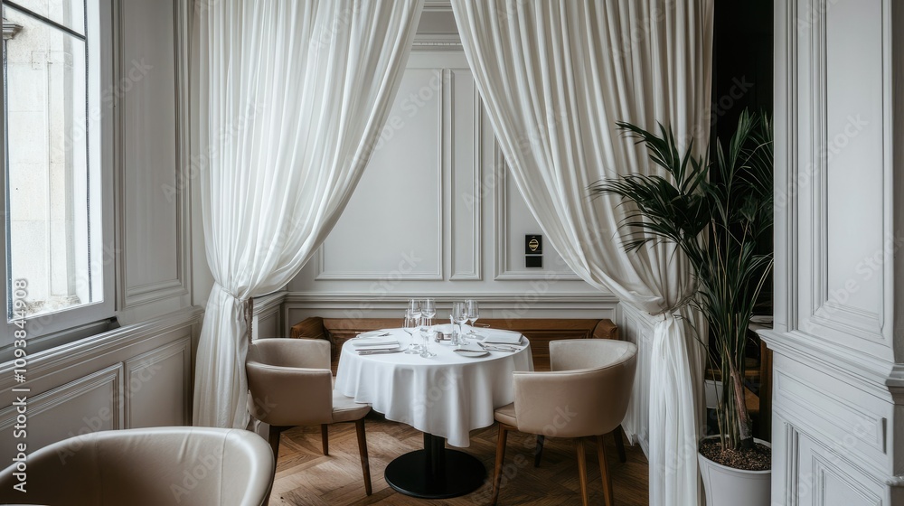 Elegant Dining Space with White Drapes and Minimalist Decor in Upscale Restaurant Featuring Round Table for Intimate Dining Experience Elegant Dining Space with White Drapes and Minimalist Decor in Upscale Restaurant Featuring Round Table for Intimate Dining Experience
