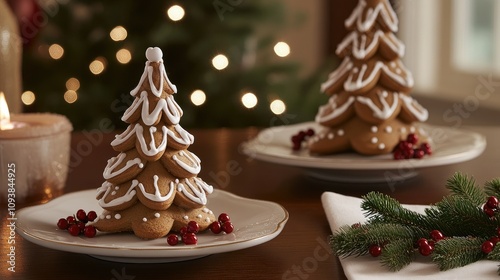 Festive Gingerbread Christmas Trees with Icing Decoration Surrounded by Holiday Lights and Decorations on a Cozy Wooden Table