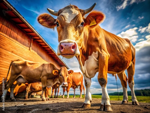 Closeup View of Cow's Udder and Teats on a Farm with Rustic Background, Highlighting Agricultural Life and Dairy Production in a Serene Country Setting photo