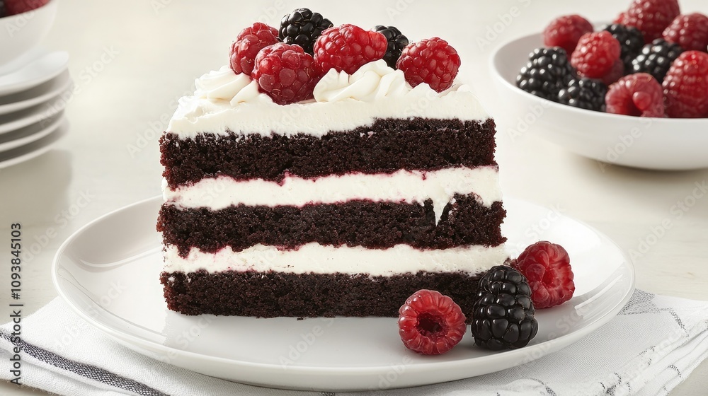 Decadent Chocolate Cake Slice with Layers of Cream and Fresh Berries Perfect for Celebrations and Special Occasions, Beautifully Presented on a Plate Decadent Chocolate Cake Slice with Layers of Cream and Fresh Berries Perfect for Celebrations and Special Occasions, Beautifully Presented on a Plate