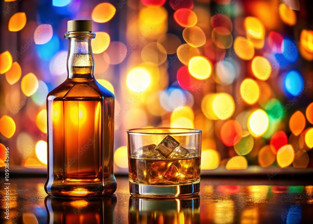 Close-Up View of Self-Made Labels on Whiskey Bottle and Glass on Colorful Background, Highlighting Craftsmanship and Artistry in Beverage Presentation Close-Up View of Self-Made Labels on Whiskey Bottle and Glass on Colorful Background, Highlighting Craftsmanship and Artistry in Beverage Presentation