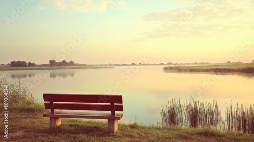 Serene Bench by Calm Lake at Sunrise